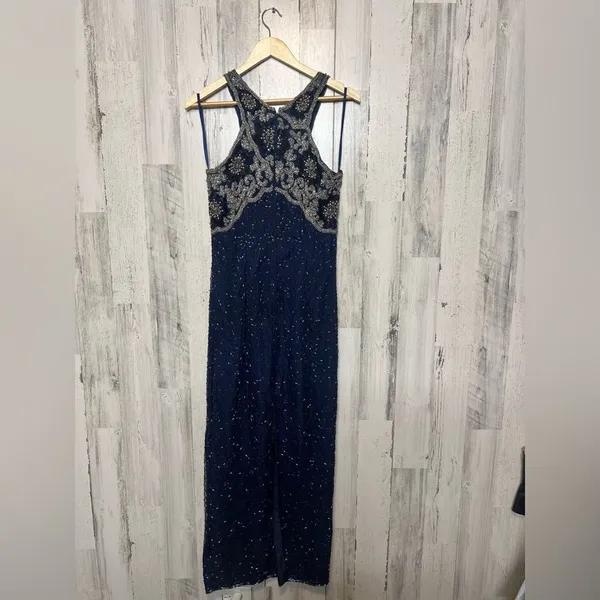 Navy Blue Beaded Embellished Maxi Dress Formal Evening Gown Size M - Image 5