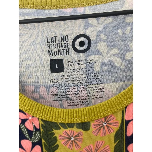 Target Latino Heritage Month Green Pink Boho Naturecore Floral Patchwork T-Shirt - Image 4