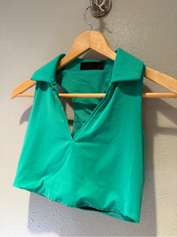 New Crane Collared Longline Sports Bra Crop Top Green Small - Image 5