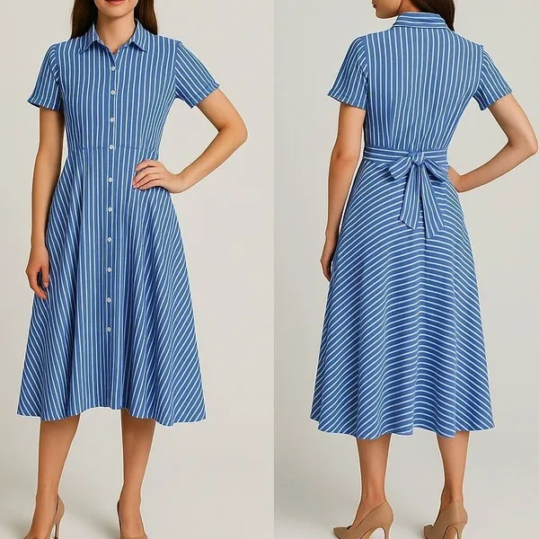 Ivy + Blu Striped‎ Shirt Dress Fit & Flare handkerchief hem Cotton Blue White 10 - Image 2