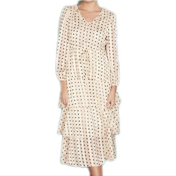 $168 NWOT O.P.T. Women's Beige V-Neck Long Sleeve Tiered Polka Dot Dress Size XS - Image 3
