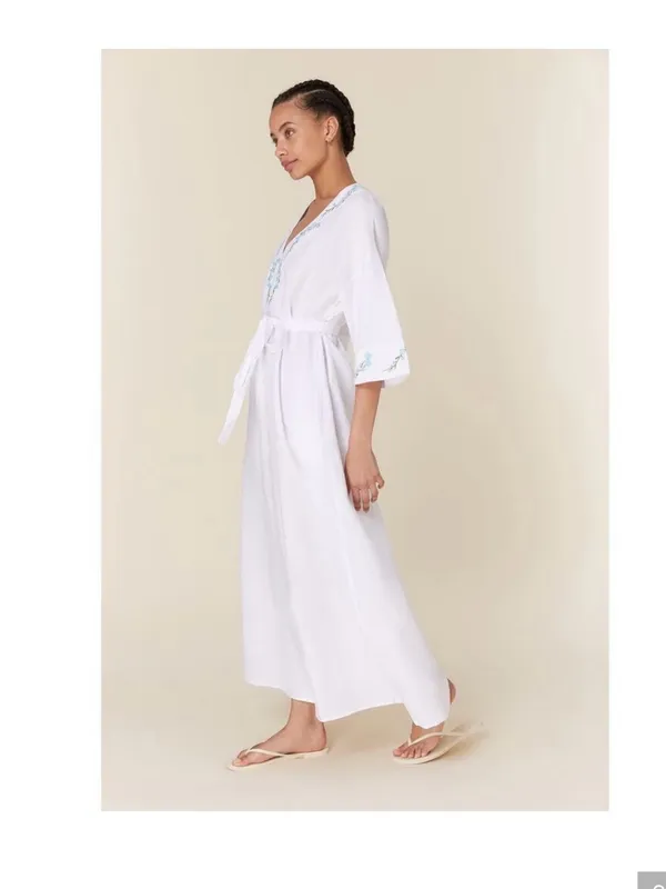 Andie x Fanm Mon Kepez Maxi LINEN Kaftan Dress Blue Floral Embroidery NWT MED - Image 13