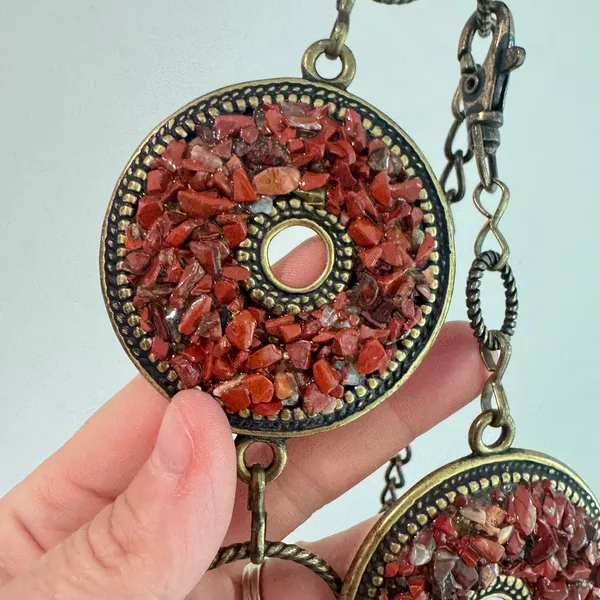 Vintage Red Stone Medallion Chain Belt Antique Brass Boho Statement Accessory - Image 4