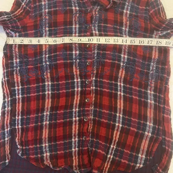 Free People XS Plaid Embroidered Button-Up Shirt Red/Blue Long Sleeve Cotton - Image 9