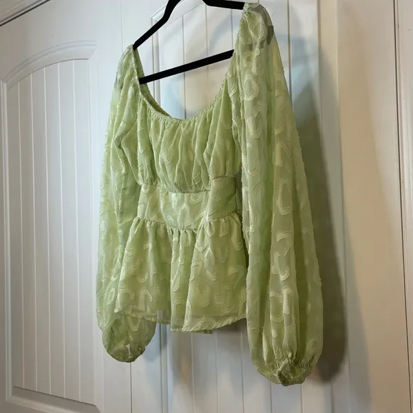 A.CALIN Flying Tomato Sage Green Texture Peplum Top‎ Balloon Sleeve Cottage Core - Image 4