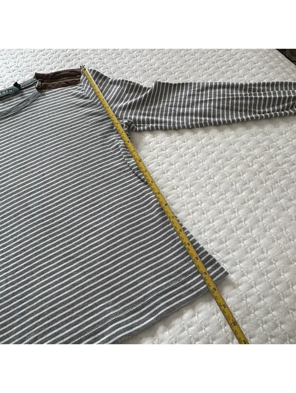 Lauren Ralph Lauren Large L Gray White Striped Long Sleeve T Shirt Brown Patches - Image 3