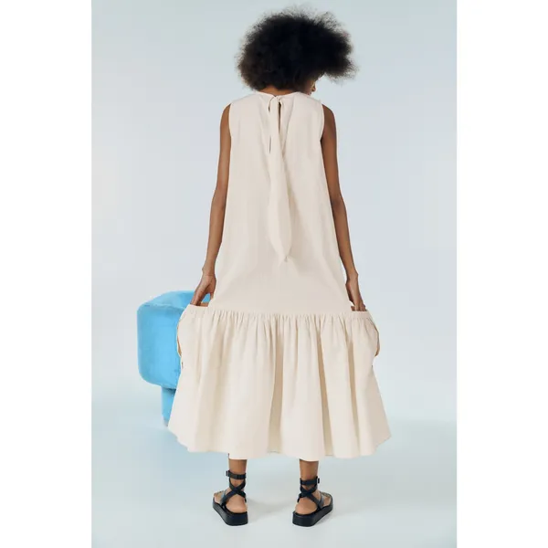 ZARA Ecru Cotton Tiered Tie Back Midi Dress XS Neutral Minimalist A-Line Coastal - Image 2