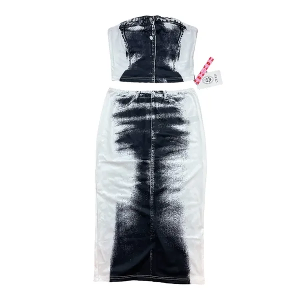 Cider | Black & White Tube Abstract Crop Top & Mid Rise Two-Piece Midi Skirt Set - Image 5