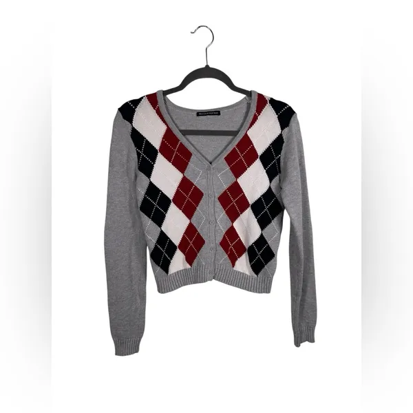 Brandy‎ Melville Elizabeth Argyle Cropped Cardigan Gray Red Navy Size Small - Image 2