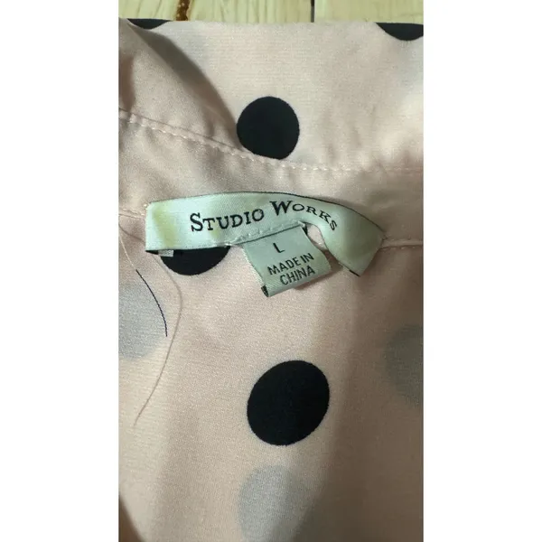 Studio Works Womens Pink Black‎ Polka Dot Button Front Blouse Size L Long Sleeve - Image 2