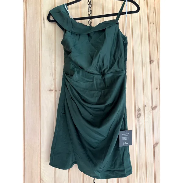 NWT Lulus Magnificent Magic Emerald Green Satin Asymmetrical Mini Dress Party XS - Image 2