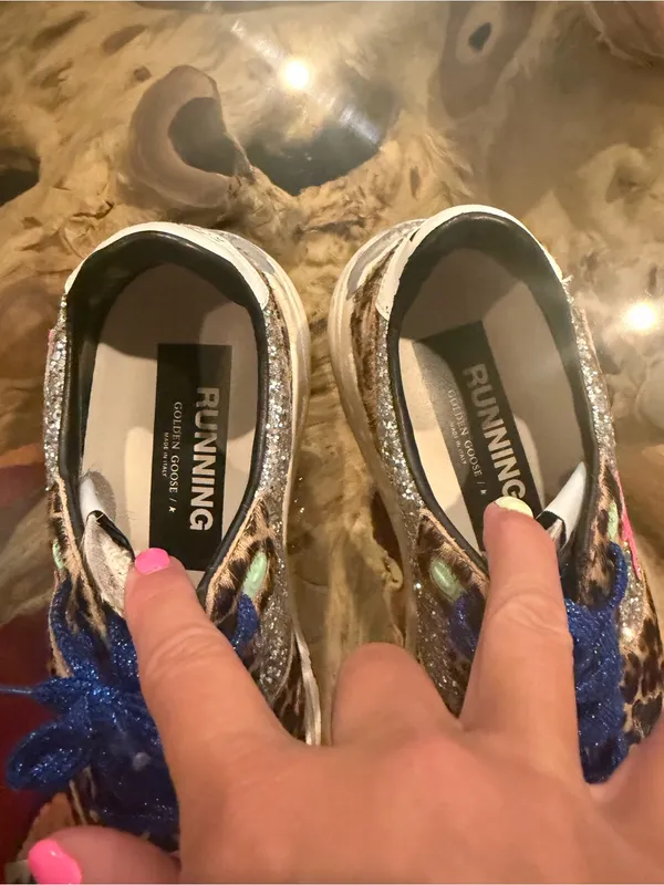 Golden Goose Leopard Print Sneakers with Blue laces and Pink Star! - Image 3