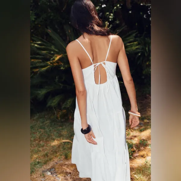 ZARA White Poplin Tiered Maxi Dress - Open Back Tie - Size L - Image 2
