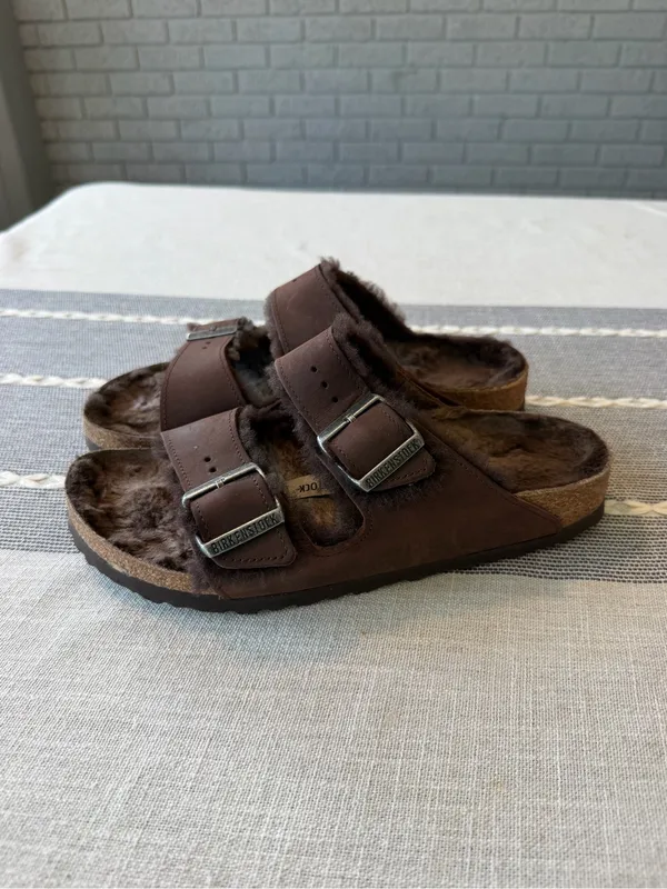 Birkenstock Arizona Shearling Sandals Brown Mocha Suede Size 38 - Image 6