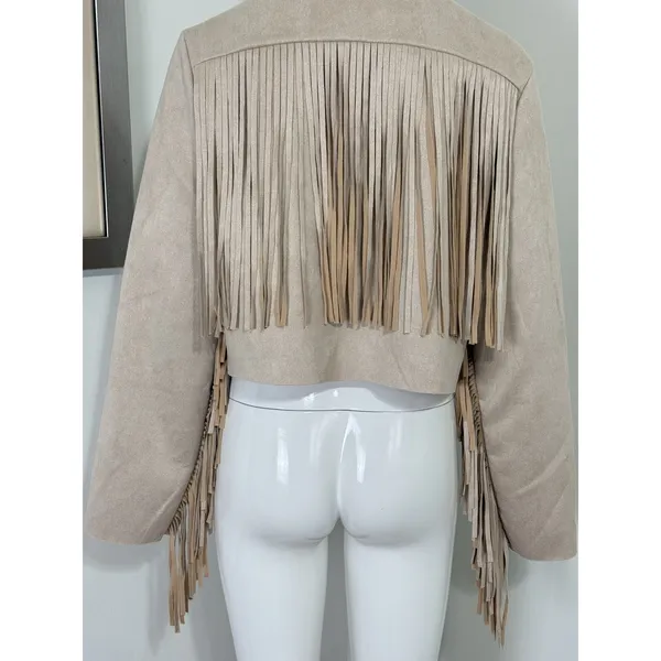 Women’s Boho Western Fringe Faux Suede Jacket Beige Festival Cowgirl Size L - Image 9