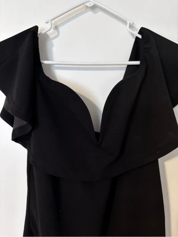 David's Bridal Black One-Shoulder Ruffle Sheath Dress - Image 3