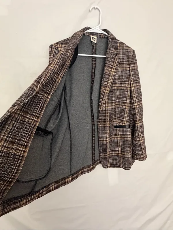 Anne Klein Women Plaid Single Button Knit Blazer Faux Leather Trim Size M(A899) - Image 6