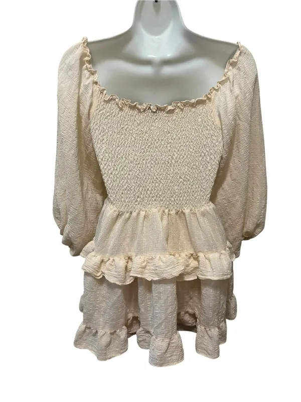 Windsor Milkmaid Smocked Ivory Ruffled Mini Dress S Ruched Top Tier Skirt Balloon Sleeve - Image 5