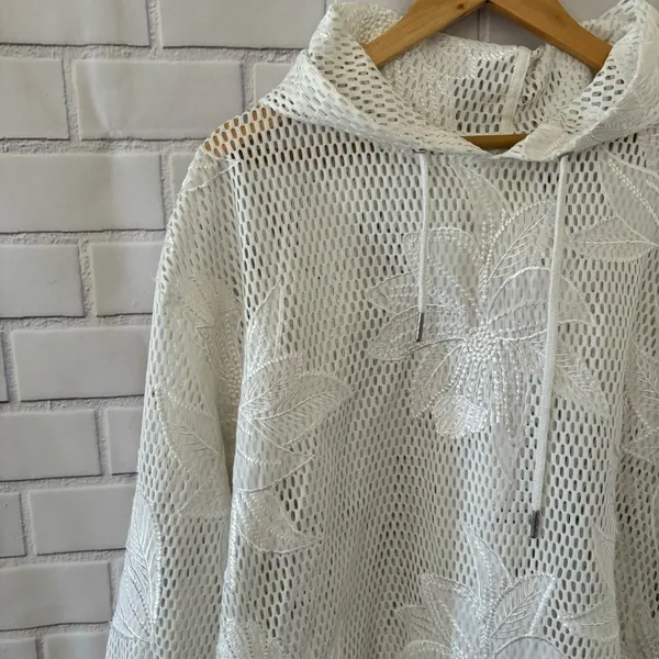 Free People FP Movement White Floral Mesh Hoodie High Low Hem Sweatshirt‎ Large - Image 5