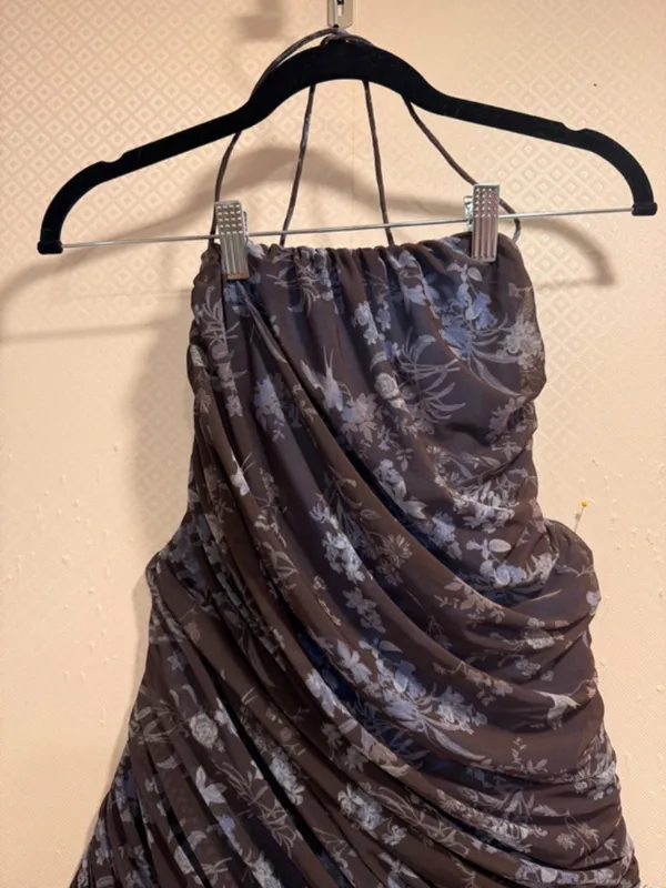 Let Me Be Blue Printed Asymmetrical Ruched Polyester Midi Dress Sz XS Boho Chic - Image 3