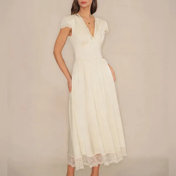Rihoas Apricot V Neck Lace Maxi Dress - Image 10