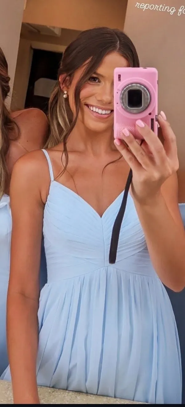Azazie Sky Blue Chiffon V-Neck Pleated Spaghetti Strap Bridesmaid Dress Size A2 - Image 10