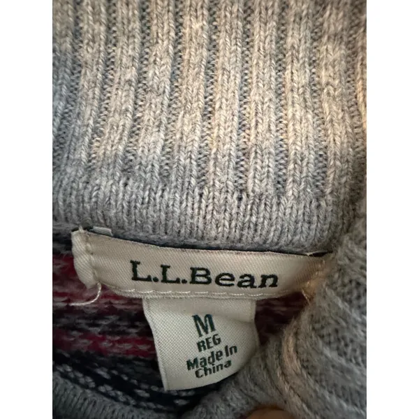 LL Bean Turtleneck Sweater Womens Medium Cotton Cashmere Fair Isle Stripe Grey - Image 2