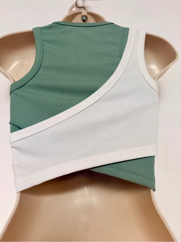 Fresral Ribbed Colorblock Wrap Crop Tank Top Sage Green White Size Small S - Image 6