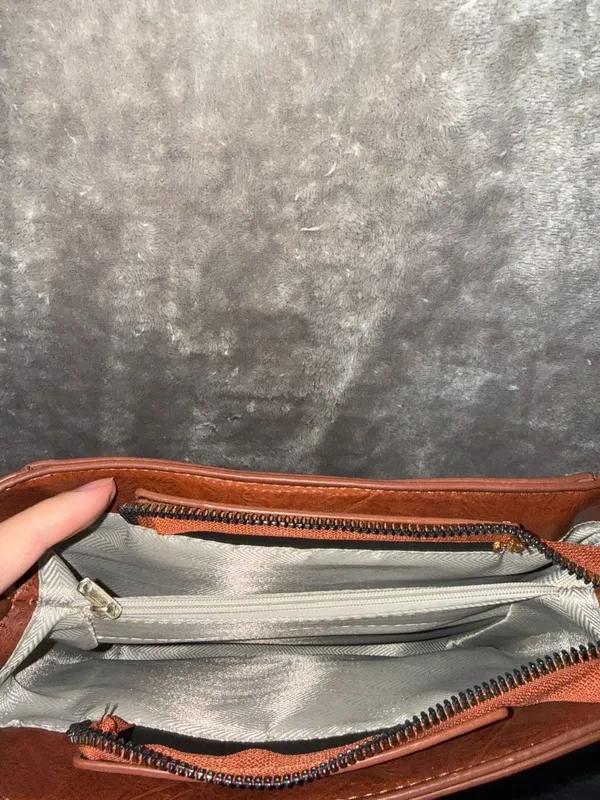Vintage Style Brown Faux Leather Structured Crossbody Bag with Stitching Details - Image 8