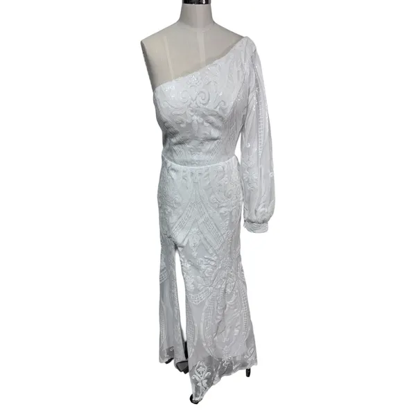Women's White‎ One Shoulder Lace Sequin Formal Dress Elegant Stunning Bridal 8 - Image 2