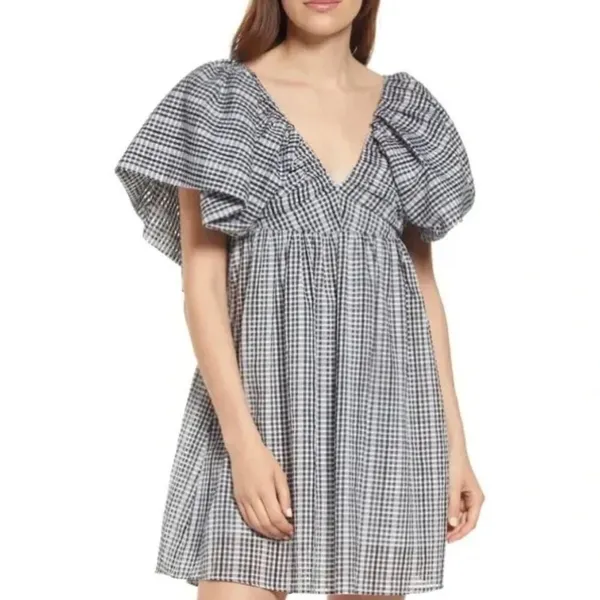 Moon River Afternoon Sunshine Multi Plaid Puff Sleeve Mini Dress - Image 2