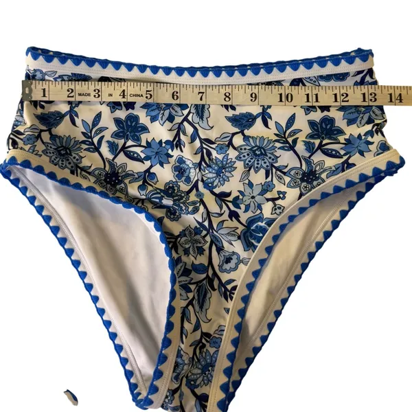 Blue White Floral Chintz Ric Rac High Waisted Bikini‎ Swimsuit Size Smal New - Image 7