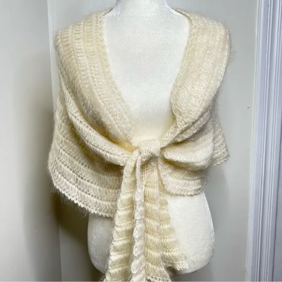Central Park West Loose Knit Shoulder Wrap Shawl Shrug Mohair Blend Cream Ivory - Image 2