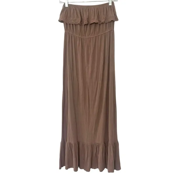 Forever 21 Strapless Long Dress Ruffle Top Crochet Trim Maxi Dress Small Brown - Image 3