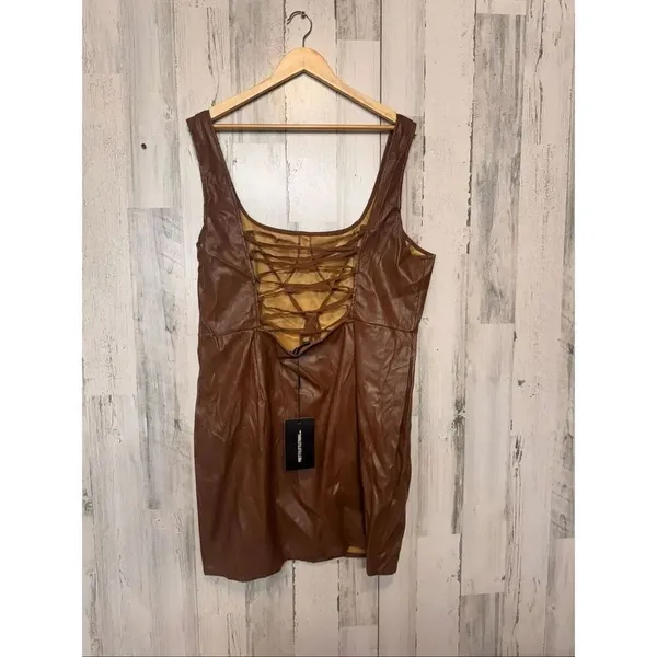 PrettyLittleThing Brown Faux Leather Corset Dress US 18 UK 22 Bodycon Mini Lace - Image 2