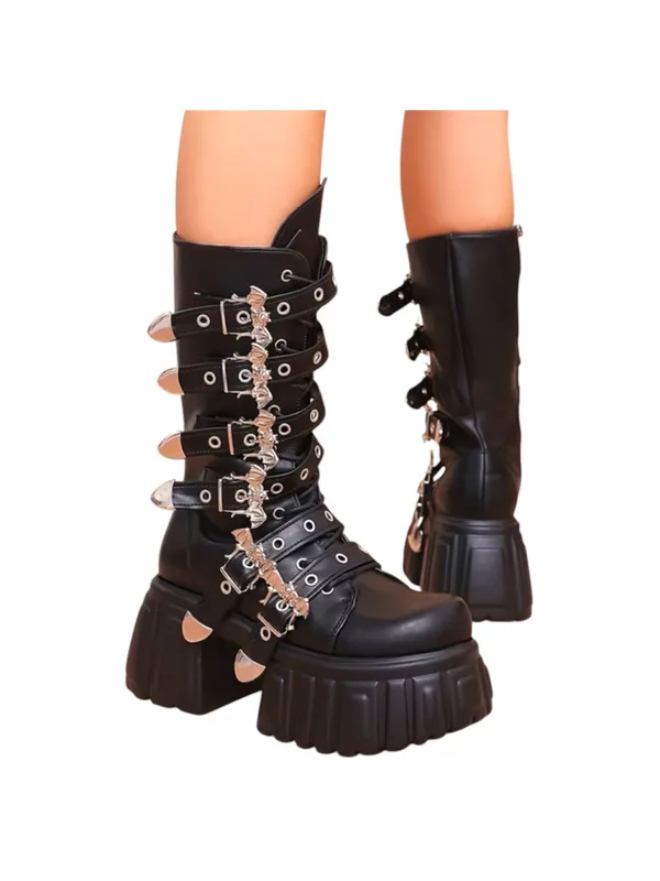 Gothic Punk Black Platform Goth Boots with Bat Buckles Size 9 - Image 10