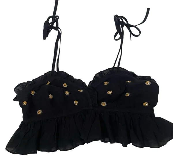 Free People NWT Black Ruffled Embellished Boho Crop Top Sz XS Spring Break - Image 2