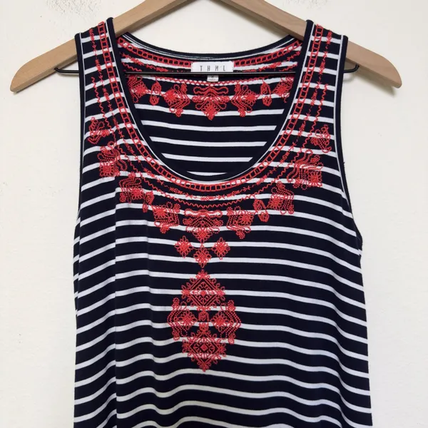 THML‎ Women Maxi Dress Medium Blue White Striped Red Embroidered Boho Resort - Image 4