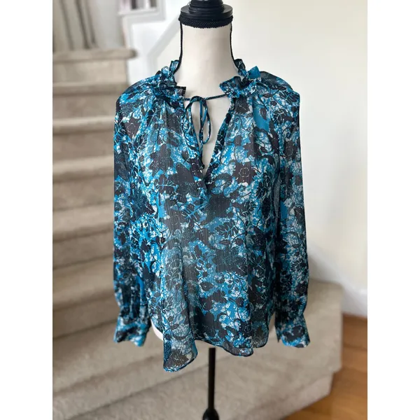 Anthropologie Blue Black Floral Lace Print SHEER Blouson Sleeve Blouse - Image 2