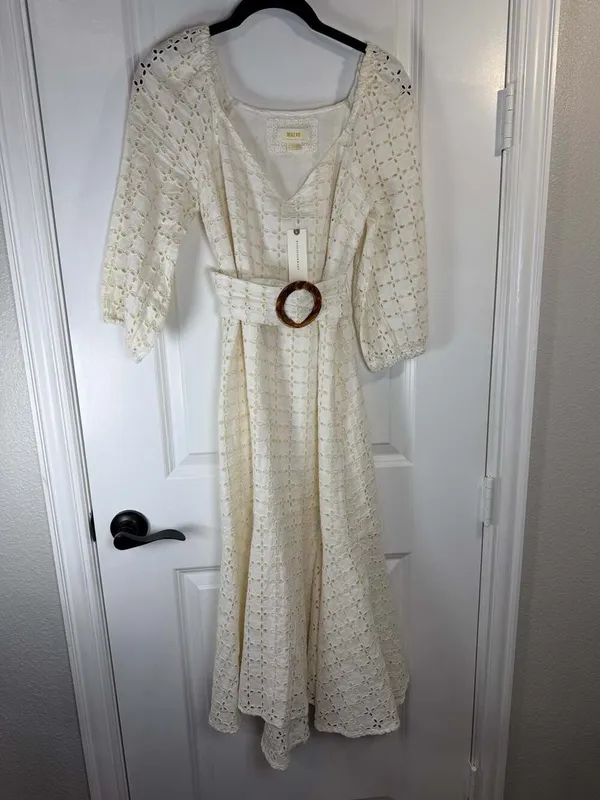 Maeve by Anthropologie White Eyelet Linen Belted Maxi Dress - Image 4