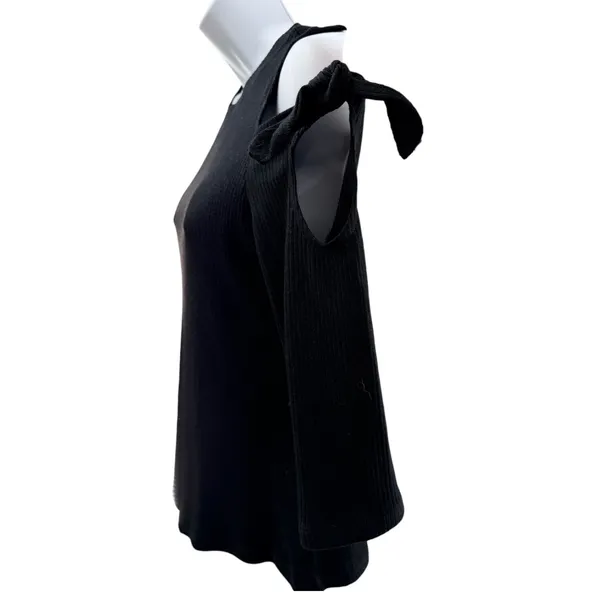 Rebecca Taylor Black Cold Shoulder Ribbed Knit Top Tie Sleeve Open Shoulder NWT - Image 3