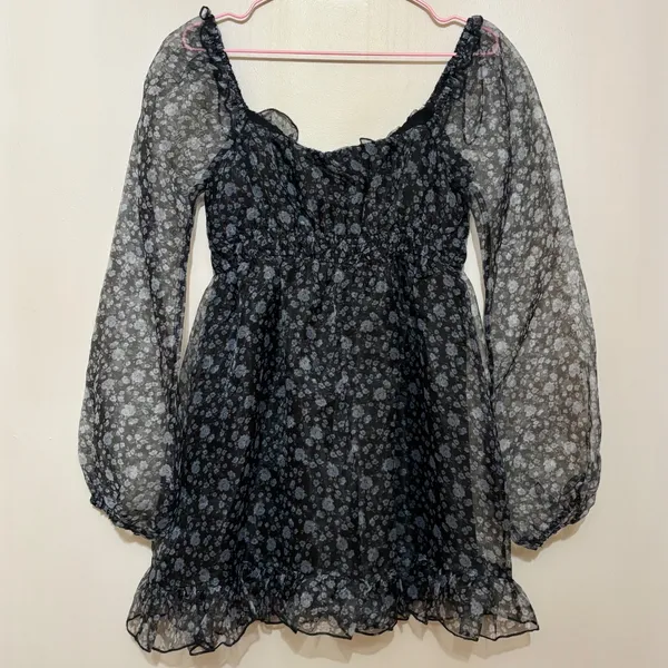 All in Favor Organza Long Sleeve Lined Puff Sleeve Ruffle Mini Dress Floral XS - Image 3