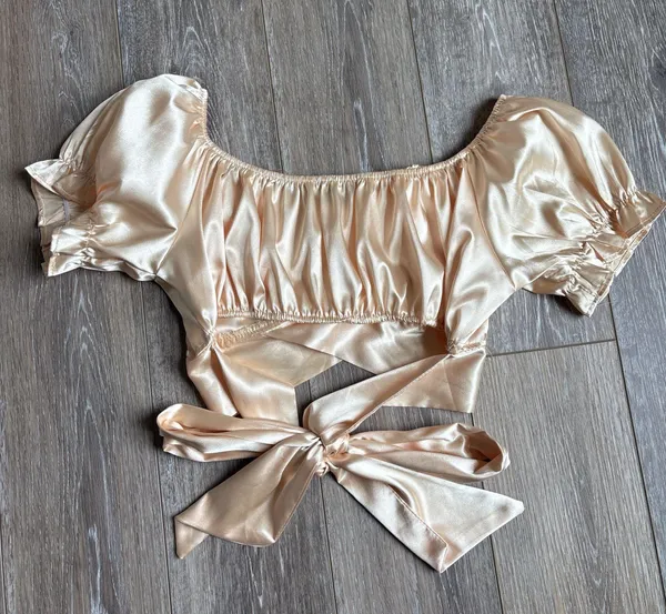 Gold satin crop top with tie back detail - Image 2