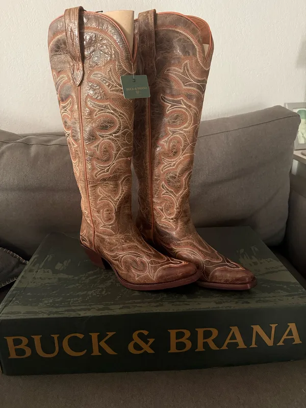 Buck & Brana Tall western cowboy boots Embroidered brown leather size 7.5 - Image 9