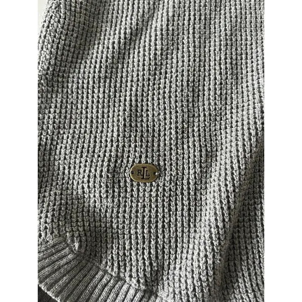 Lauren Ralph Lauren Gray Cotton Waffle-Knit Cowl Neck Logo Pullover Sweater Med - Image 5