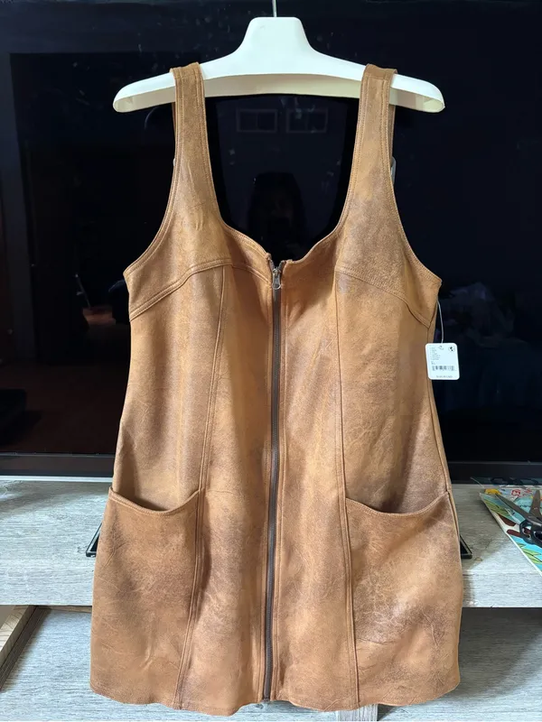 Free People Tan Faux Leather Pinafore Dress with Front Zip - Image 2