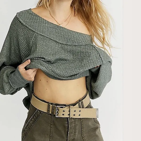 We The Free People Westend Thermal Off-Shoulder Army‎ Green Sweater - Image 2