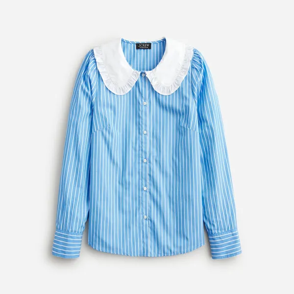 J Crew Ruffle Collar Poplin Shirt Blue Stripe Preppy Office 100% Cotton Womens 8 - Image 2