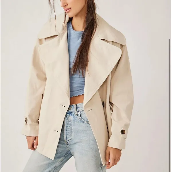 FREE PEOPLE‎ Tan Highlands Double-Breasted Cotton Peacoat Oversized Size Small - Image 2