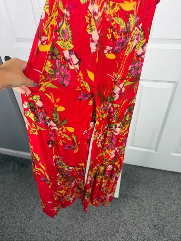 Free People Red Floral Wide Leg Pants Size M Boho High Rise Rayon - Image 10
